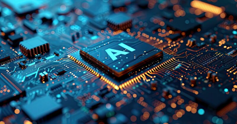 Close-up of an artificial intelligence (AI) microchip on a circuit board, representing AI technology, data infrastructure, and digital innovation for modern businesses.