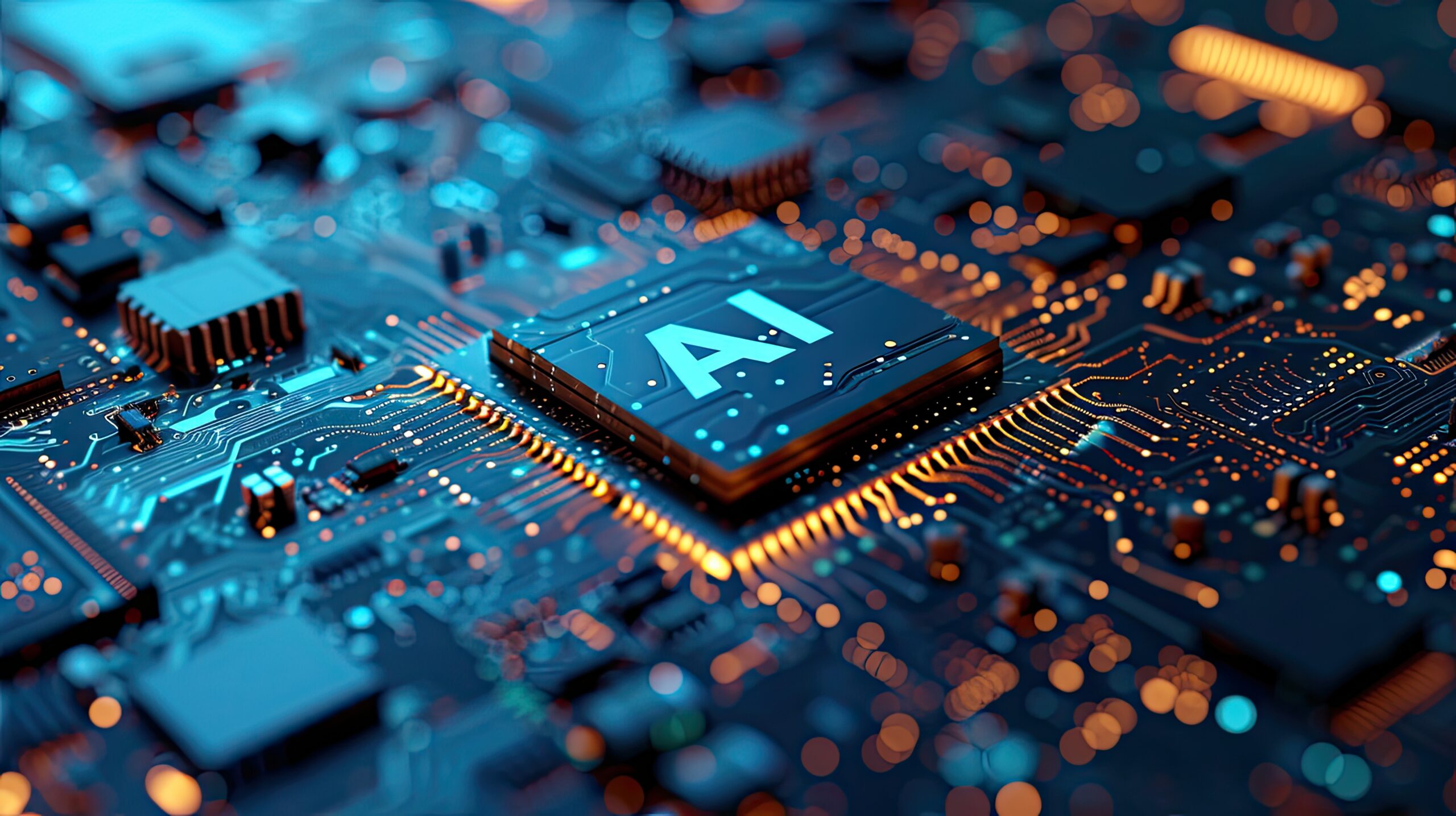 Close-up of an artificial intelligence (AI) microchip on a circuit board, representing AI technology, data infrastructure, and digital innovation for modern businesses.