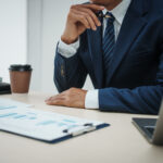 Business professional seated at a desk reviewing financial documents beside a calculator, coffee cup, and laptop.